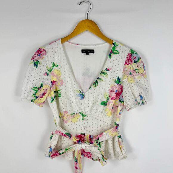 Slate & Willow Women's Floral Tie Peplum Top Medium White Multicolored - Picture 2 of 16
